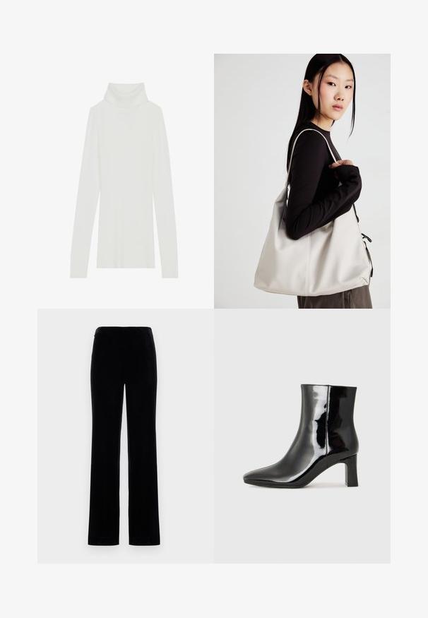 Valge ribaga kõrge kaelusega kampsun pikkade varrukatega, pehme tekstuuriga ja liibuva kujundusega, ilma nähtavate kinnitusteta.; Mustad sametised püksid otsejalaga kujundusega, millel on sile tekstuur ja elastne vöökoht. Pole nähtavaid metallosi ega mustreid.; Must-sinine nahkjalats musta läikiva viimistlusega, millel on terav nina ja keskmise kõrgusega plokk konts. Sile tekstuur ja minimalistik disain.; Bež käekott pehme materjali, millel on lõtv disain, õmblustega detailid ja kaks õlarihma. Sobib igapäevaseks kasutamiseks.