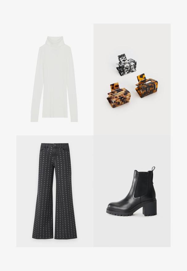 Suéter de cuello alto de canalé blanco con mangas largas, textura suave y un alto cuello enrollado, presentando un diseño ajustado y sin cierres visibles.; Jeans acampanados de mezclilla negra con un patrón de pequeños tachuelas plateadas dispuestas verticalmente. Incluyen cinco bolsillos y un cierre de botón.; Botín negro de cuero hasta el tobillo con tacón grueso, paneles laterales elásticos y una lengüeta en la parte posterior. Suela texturizada para mayor agarre.; Tres pinzas para el cabello: una de mármol negro y blanco, dos de carey en tonos marrones y negros, todas hechas de plástico brillante con un acabado texturizado.