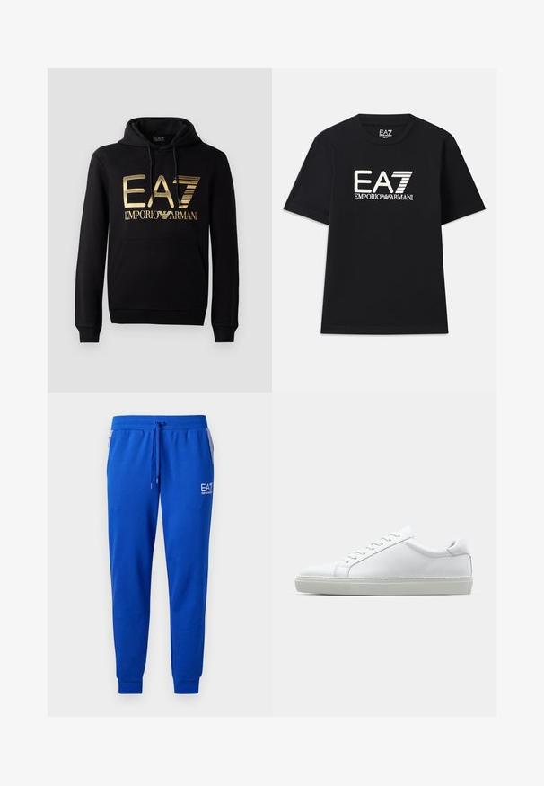 Melns kapuces džemperis ar zelta EA7 logo un "EMPORIO ARMANI" tekstu priekšpusē. Ietver priekšējo kangaroo kabatu un aukliņas kapuci.; Melna kokvilnas T-kreklu ar apaļu kaklu un īsām piedurknēm. Uz priekša izšūta balta logo "EA7 EMPORIO ARMANI".; Zili sporta bikses, izgatavotas no mīksta auduma ar elastīgu jostasvietu un auklu. Iezīmēti ar logo uz kājas un ar svītrainām sānu kabatām.; Baltie sporta apavi ar gludu ādas virsu un zemu profilu. Iezīmējas ar noapaļotu purngalu, sešām acīm un teksturētu gumijas zoli.