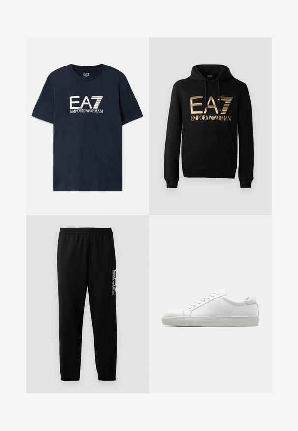 Juodas džemperis su auksiniu EA7 logotipu ir „EMPORIO ARMANI“ tekstu priekyje. Turėtų priekinę kengūros kišenę ir reguliuojamą gobtuvą.; Mėlynas medvilninis marškinėliai su trumpomis rankovėmis ir apvalia iškirpte. Priekyje yra išryškintas baltas EA7 Emporio Armani logotipas.; Juodos sportinės kelnės iš lygaus audinio, su elastingu juosmeniu ir rankogaliais, bei kontrastinga logotipu spaudiniu šone.; Baltas sportinis batelis su lygiu odiniu paviršiumi ir žemu profiliu. Turi suapvalintą pirštą, šešis akių skyrius ir tekstūruotą gumos padą.