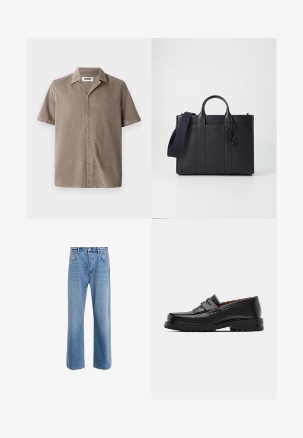 Sort turtleneck sweater i glat strikstof. Har lange ærmer, en tætsiddende hals og ribbede manchetter og kant for en tætsiddende pasform.; Kortærmet skjorte i lys brun kordfløjl, med en klapkrave, knaplukning foran og en afslappet pasform med subtil tekstur.; Lyseblå denim jeans med lige ben-design, fem lommer, knaplukning, minimal falming og kontraststingdetaljer.; Sorte læder loafers har en forhøjet søm, to dekorative remme på overdelen og en tyk struktureret sål for bedre greb.; Mørkeblå læderaktet med dobbelte topgreb og en aftagelig rem. Har tekstureret overflade, lodret syning og logodetalje.