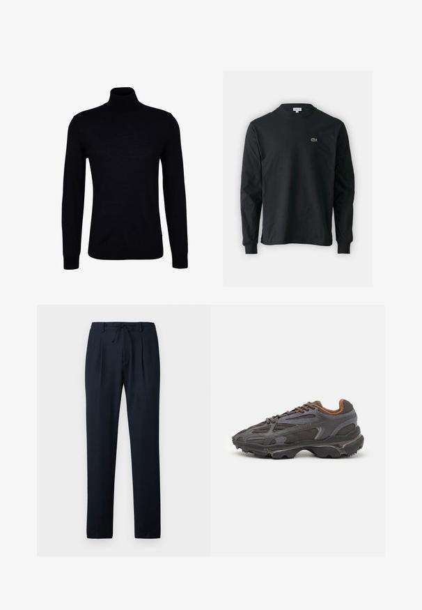 Schwarzer Rollkragenpullover aus einem glatten Strickstoff. Verfügt über lange Ärmel, einen eng anliegenden Kragen und gerippte Bündchen sowie Saum für eine optimale Passform.; Schwarzes Langarm-T-Shirt aus Baumwolle, mit Rundhalsausschnitt und einem kleinen grünen, gestickten Krokodil-Logo auf der linken Brust.; Marineblaue Hosen aus leichtem Stoff, mit einem strukturierten Muster, gefalteter Front und einem elastischen Bund mit Kordelzug.; Lacoste Sneaker in Dunkelgrau aus Mesh und Synthetikmaterial, mit einer strukturierten Sohle und braunen Akzenten am Kragen und Logo.
