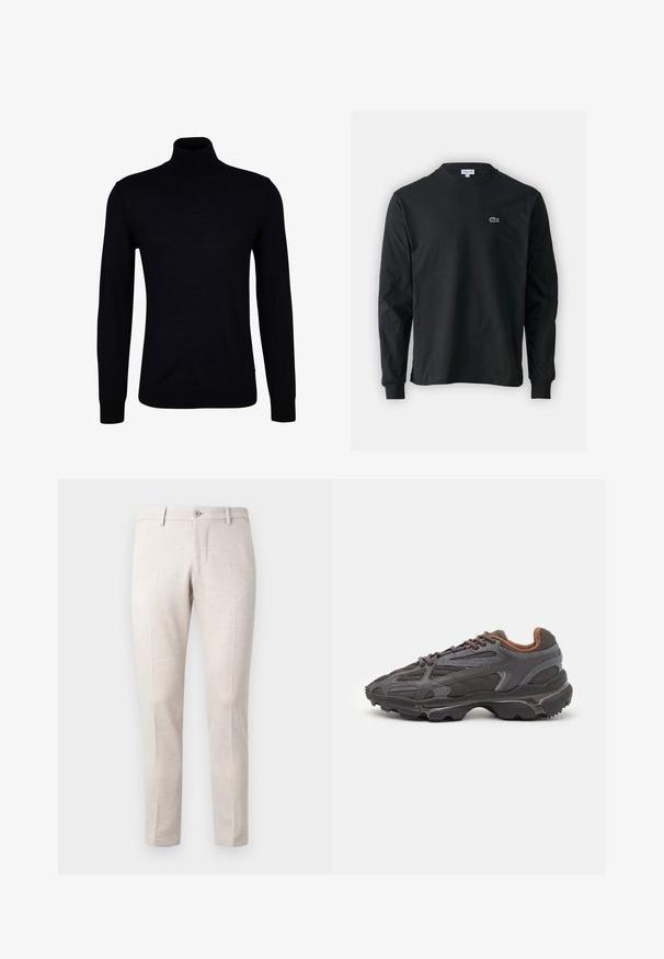 Sort turtleneck sweater i glat strikstof. Har lange ærmer, en tætsiddende hals og ribbede manchetter og kant for en tætsiddende pasform.; Sort langærmet t-shirt lavet af bomuld, med rund halsudskæring og et lille grønt broderet krokodillelogo på venstre bryst.; Lyse beige bukser, lavet af et blødt stof, med en knaplukning, to frontfolder og et lige ben-design.; Lacoste sneakers i mørkegrå med mesh og syntetisk materiale, udstyret med en tekstureret sål og brune accenter på kraven og brandingen.