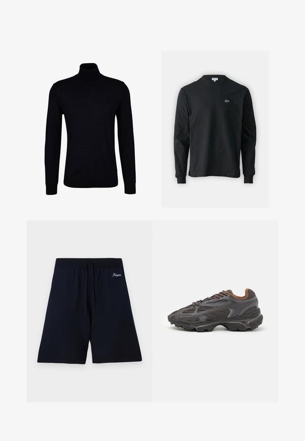 Schwarzer Rollkragenpullover aus einem glatten Strickstoff. Verfügt über lange Ärmel, einen eng anliegenden Kragen und gerippte Bündchen sowie Saum für eine optimale Passform.; Schwarzes Langarm-T-Shirt aus Baumwolle, mit Rundhalsausschnitt und einem kleinen grünen, gestickten Krokodil-Logo auf der linken Brust.; Marineblaue Shorts aus weichem Stoff, mit einem elastischen Bund und Kordeln, sowie gesticktem Text "Future" nahe der Oberkante.; Lacoste Sneaker in Dunkelgrau aus Mesh und Synthetikmaterial, mit einer strukturierten Sohle und braunen Akzenten am Kragen und Logo.