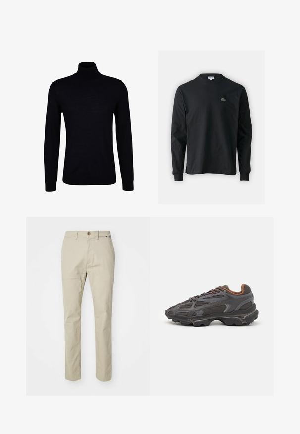 Fekete garbópulóver sima kötött anyagból. Hosszú ujjakkal, testhezálló nyakkal, illetve bordázott mandzsettákkal és aljjal rendelkezik a kényelmes viselet érdekében.; Fekete hosszú ujjú pamut póló, kerek nyakkivágással, bal mellen egy kis zöld hímzett krokodil logóval.; Beige pamut nadrág egyenes fazonnal, gombos záródással és elülső zsebekkel, sima textúrával és minimális dizájn részletekkel.; Sötét szürke Lacoste sportcipők hálós és szintetikus anyagból, textúrázott talppal és barna díszítésekkel a nyak részen és a logón.