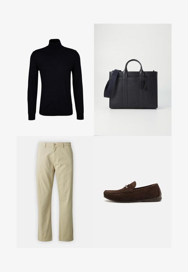 Musta poolneule sileasta neulekankaasta. Ominaisuuksiin kuuluu pitkät hihat, istuva kaula-aukko sekä ribbaatut hihansuut ja helma, jotka takaavat tiiviin istuvuuden.; Beige puuvillahousut suoran lahkeen muotoilulla, etupainike sulkeminen ja vyölenkit. Sileä pinta, ei näkyviä kuvioita tai yksityiskohtia.; Ruske mokasiner i nubuk s delikatnim šavovima, suptilnom teksturom, zaobljenim vrhom i akcentom od srebrnih detalja. Niska gumena potplat za udobnost.; Tummansininen nahkainen salkku, jossa on kaksinkertaiset yläkahvat ja irrotettava hihna. Varustettu tekstuuripinnalla, pystysuoralla ompeleella ja logotiedoilla.