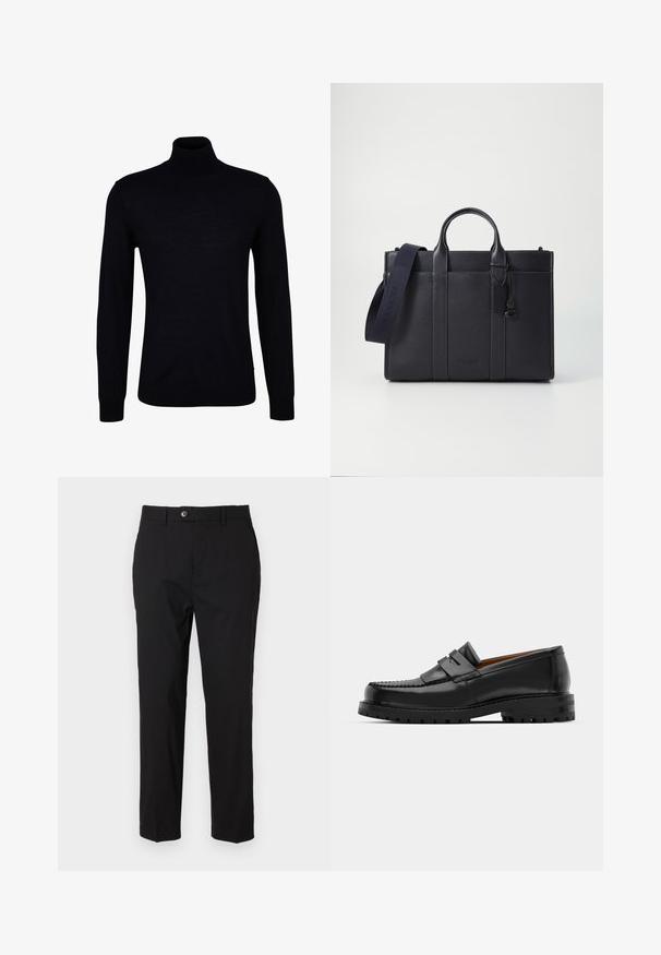 Suéter de gola alta preto em tecido de malha suave. Apresenta mangas longas, um pescoço justo e punhos e barra canelados para um encaixe confortável.; Calças pretas feitas de tecido suave, com fecho de botão, passantes de cinto e dois bolsos laterais. Design de perna reta com detalhes mínimos.; Os mocassins de couro preto apresentam uma costura elevada, duas tiras decorativas na parte superior e uma sola grossa e texturizada para maior aderência.; Pasta de couro azul-marinho escura com alças superiores duplas e uma alça destacável. Apresenta um acabamento texturizado, costura vertical e detalhe do logotipo.