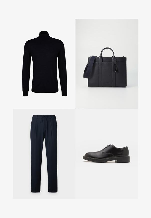 Pull en laine noire avec un tricot lisse. Doté de manches longues, d'un col ajusté et de bords côtelés aux poignets et à l'ourlet pour un ajustement snug.; Pantalon bleu marine en tissu léger, avec un motif texturé, une finition plissée à l'avant et une taille élastique munie d'un cordon de serrage.; Chaussure noire en cuir à lacets avec un embout arrondi, texture lisse, piqures minimales et un petit talon en caoutchouc. Logo sur le talon.; Malette en cuir bleu marine foncé avec deux poignées supérieures et une sangle détachable. Présente une finition texturée, des coutures verticales et un détail de logo.
