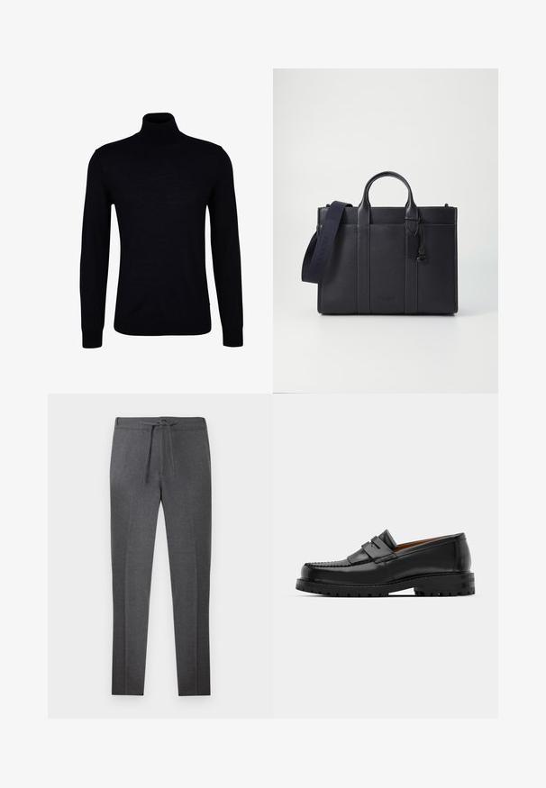 Zwarte coltrui van een gladde brei-stof. Voorzien van lange mouwen, een aansluitende hals, en geribbelde manchetten en zoom voor een strakke pasvorm.; Donkergrijze tapers met een elastische tailleband en trekkoord, met subtiele plooien aan de voorkant.; Zwarte leren instappers hebben een verhoogde naad, twee decoratieve banden op de bovenkant en een dikke, gestructureerde zool voor extra grip.; Donkerblauwe leren aktetas met dubbele bovenhandgrepen en een afneembare schouderband. Kenmerkt zich door een gestructureerde afwerking, verticale stiksels en een logo-detail.