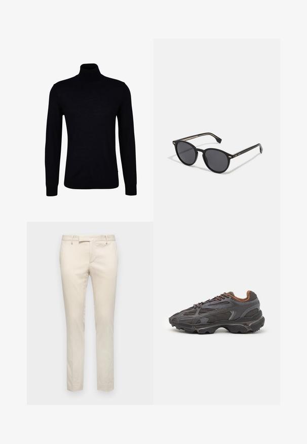 Schwarzer Rollkragenpullover aus einem glatten Strickstoff. Verfügt über lange Ärmel, einen eng anliegenden Kragen und gerippte Bündchen sowie Saum für eine optimale Passform.; Beige maßgeschneiderte Hosen aus glattem Stoff. Schlanke Passform mit flachem Vorderteil und Seitentaschen. Minimalistischer Stil ohne Verzierungen.; Lacoste Sneaker in Dunkelgrau aus Mesh und Synthetikmaterial, mit einer strukturierten Sohle und braunen Akzenten am Kragen und Logo.; BOSS Sonnenbrille - black