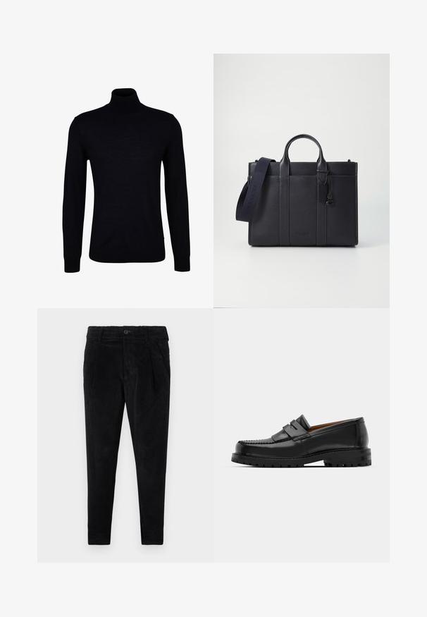 Suéter de gola alta preto em tecido de malha suave. Apresenta mangas longas, um pescoço justo e punhos e barra canelados para um encaixe confortável.; Calças de veludo cotelê pretas com um corte justo, apresentando um fecho de botão, dois bolsos frontais e textura nervurada vertical em toda a parte.; Os mocassins de couro preto apresentam uma costura elevada, duas tiras decorativas na parte superior e uma sola grossa e texturizada para maior aderência.; Pasta de couro azul-marinho escura com alças superiores duplas e uma alça destacável. Apresenta um acabamento texturizado, costura vertical e detalhe do logotipo.