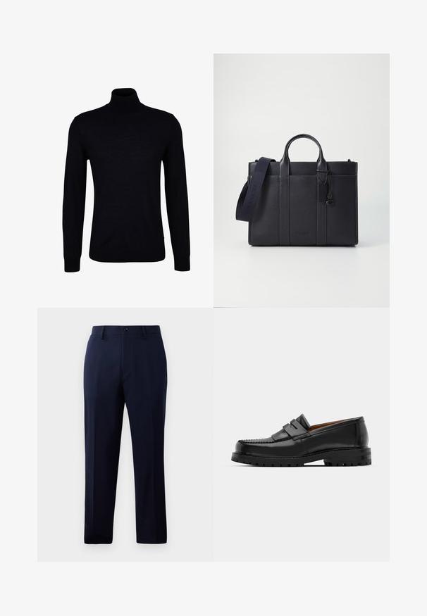 Sort turtleneck sweater i glat strikstof. Har lange ærmer, en tætsiddende hals og ribbede manchetter og kant for en tætsiddende pasform.; Marinebukser lavet af glat stof, der har et klassisk lige ben-design, forlommer og en knaplukning i livet.; Sorte læder loafers har en forhøjet søm, to dekorative remme på overdelen og en tyk struktureret sål for bedre greb.; Mørkeblå læderaktet med dobbelte topgreb og en aftagelig rem. Har tekstureret overflade, lodret syning og logodetalje.