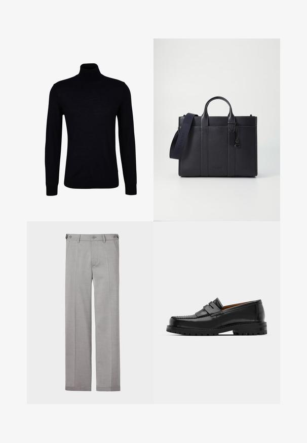 Musta poolneule sileasta neulekankaasta. Ominaisuuksiin kuuluu pitkät hihat, istuva kaula-aukko sekä ribbaatut hihansuut ja helma, jotka takaavat tiiviin istuvuuden.; Harmaat räätälöidyt housut suoralinjaisella designilla, valmistettu sileästä kankaasta. Ominaisuuksiin kuuluu kaksi etutaskua ja kaksinkertainen nappisulku vyötäröllä.; Mustat nahka loafit sisältävät kohoavan sauman, kaksi koristeellista nauhaa yläosassa ja paksun teksturoidun pohjan parempaa pitoa varten.; Tummansininen nahkainen salkku, jossa on kaksinkertaiset yläkahvat ja irrotettava hihna. Varustettu tekstuuripinnalla, pystysuoralla ompeleella ja logotiedoilla.