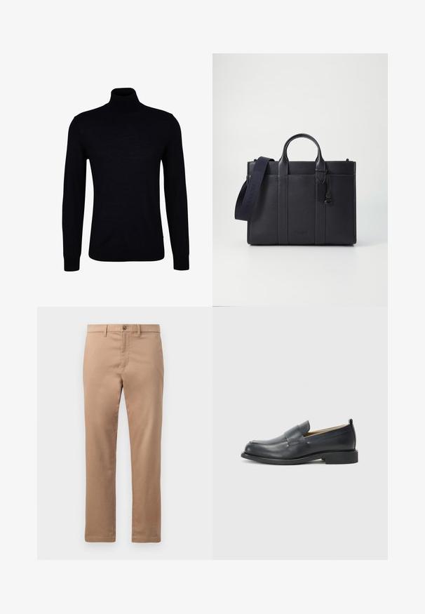 Black turtleneck sweater in a smooth knit fabric. Features long sleeves, a fitted neck, and ribbed cuffs and hem for a snug fit.; Tan chinos made of cotton with a smooth texture, featuring a zip fly and button closure. Straight leg design, no visible patterns or accents.; Black leather loafers featuring a smooth finish, a flat sole, and a rounded toe with a decorative strap across the upper.; Dark navy leather briefcase with dual top handles and a detachable strap. Features textured finish, vertical stitching, and logo detail.
