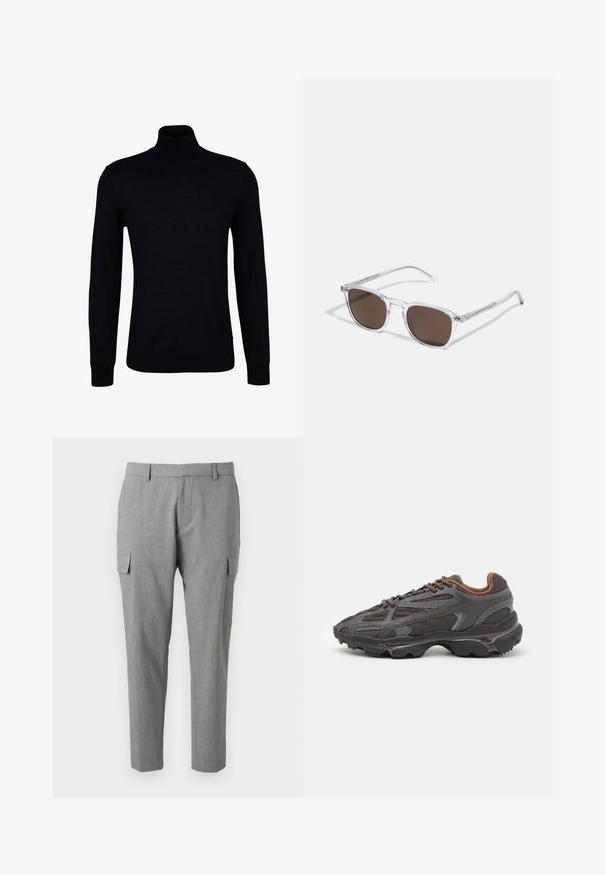 Fekete garbópulóver sima kötött anyagból. Hosszú ujjakkal, testhezálló nyakkal, illetve bordázott mandzsettákkal és aljjal rendelkezik a kényelmes viselet érdekében.; Szürke tehernadrág, texturált anyagból készült, oldalzsebekkel, egyenes fazonnal és közepes derékvonallal. Ápolt varrás és láthatatlan minták.; Sötét szürke Lacoste sportcipők hálós és szintetikus anyagból, textúrázott talppal és barna díszítésekkel a nyak részen és a logón.; Átlátszó műanyag napszemüveg téglalap alakú barna lencsékkel, vékony, átlátszó karokkal és fém díszítésekkel a halántéknál.