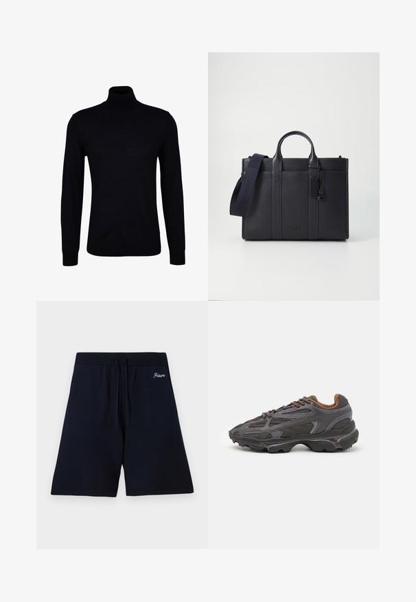 Zwarte coltrui van een gladde brei-stof. Voorzien van lange mouwen, een aansluitende hals, en geribbelde manchetten en zoom voor een strakke pasvorm.; Marineblauwe shorts van zacht materiaal, met een elastische tailleband en letters met de tekst "Future" geborduurd nabij de bovenkant.; Lacoste sneakers in donkergrijs van mesh en synthetisch materiaal, met een gestructureerde zool en bruine accenten op de kraag en branding.; Donkerblauwe leren aktetas met dubbele bovenhandgrepen en een afneembare schouderband. Kenmerkt zich door een gestructureerde afwerking, verticale stiksels en een logo-detail.