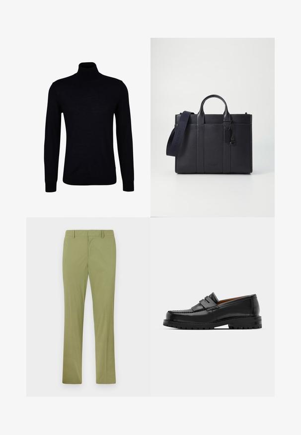 Suéter de gola alta preto em tecido de malha suave. Apresenta mangas longas, um pescoço justo e punhos e barra canelados para um encaixe confortável.; Calças verde cáqui com um design de perna reta, frente lisa e passantes para cinto. Feitas de um tecido suave com um brilho subtil.; Os mocassins de couro preto apresentam uma costura elevada, duas tiras decorativas na parte superior e uma sola grossa e texturizada para maior aderência.; Pasta de couro azul-marinho escura com alças superiores duplas e uma alça destacável. Apresenta um acabamento texturizado, costura vertical e detalhe do logotipo.