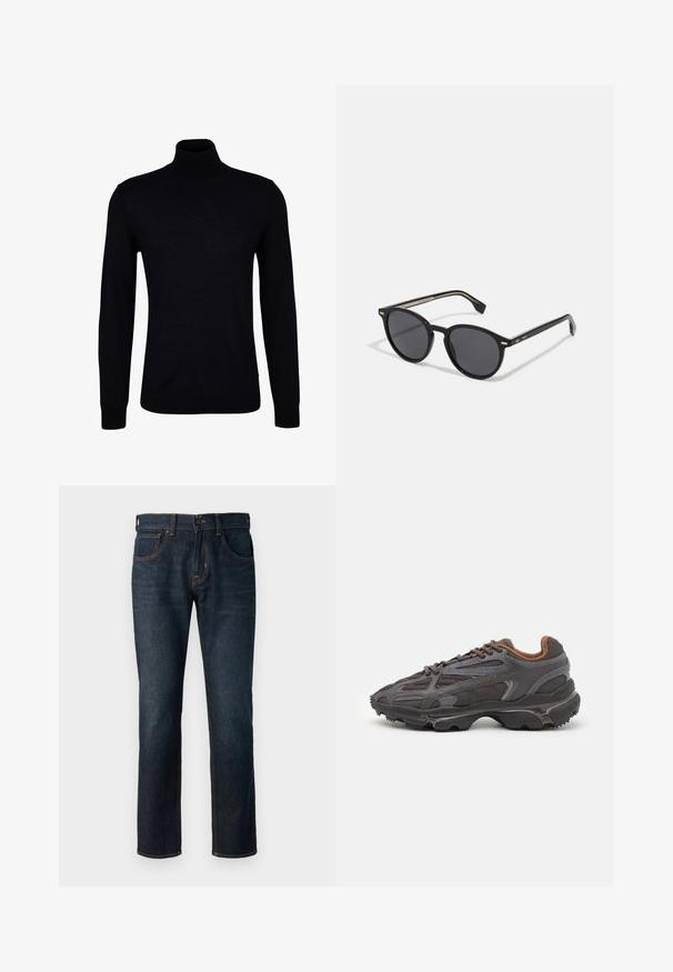 Crna pletena majica s visokim ovratnikom izrađena od glatke pletenine. Ima dugačke rukave, uski ovratnik te rebraste manžete i rub za čvrsto prianjanje.; Tamno plave traperice ravnog kroja. Karakteristike uključuju zatvaranje na dugme i patentni zatvarač, pet džepova i kontrastne šavove.; Lacoste tenisice u tamno sivoj boji s mrežastim i sintetičkim materijalom, s teksturiranom potplatom i smešnim akcentima na ovratniku i brandiranju.; BOSS Sunčane naočale - black