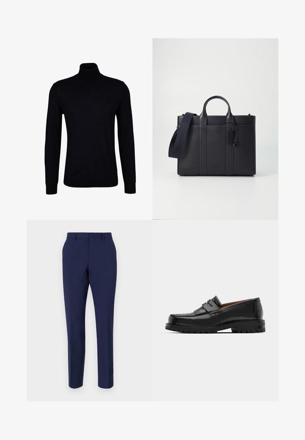 Črna turtleneck pulover iz gladkega pletenega materiala. Ima dolge rokave, prilegajoč vrat ter rebraste manšete in spodnji rob za tesen fit.; Mornarsko modre krojene hlače iz gladkega materiala, z ozkim krojem, ravnim sprednjim delom in standardnim pasom z luknjicami za pas.; Črne usnjene loafersice imajo dvignjen šiv, dve dekorativni trakovi na zgornjem delu in debel strukturiran podplat za boljši oprijem.; Temno mornarsko usnjeno aktovko z dvema zgoraj ročaji in odstranljivim trakom. Ima teksturirano površino, navpične šive in podrobnost z logotipom.