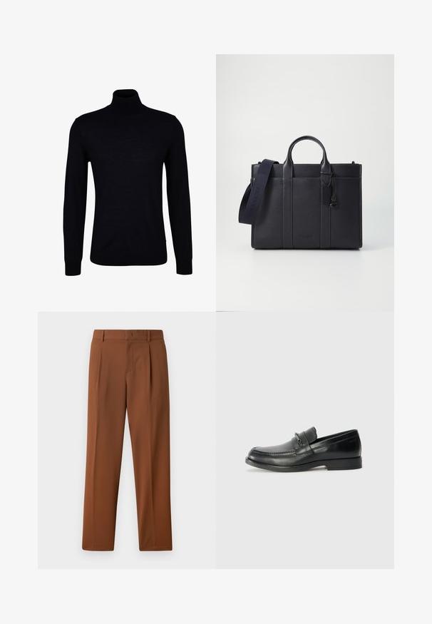 Černý rolák z hladkého pleteného materiálu. Má dlouhé rukávy, přiléhavý límec a žebrované manžety a lem pro těsný střih.; Hnědé kalhoty s hladkým, matným povrchem, se sklady na přední části a rovnými nohavicemi. Vyrobené z lehkého, prodyšného materiálu.; Černé kožené mokasíny s kulatou špičkou, s prošívaným vzorem, malým předním páskem s kovovými detaily a plochou gumovou podrážkou.; Tmavě námořnická kožená aktovka s dvojitými horními rukojeťmi a odnímatelným popruhem. Má texturovaný povrch, vertikální švy a detail s logem.