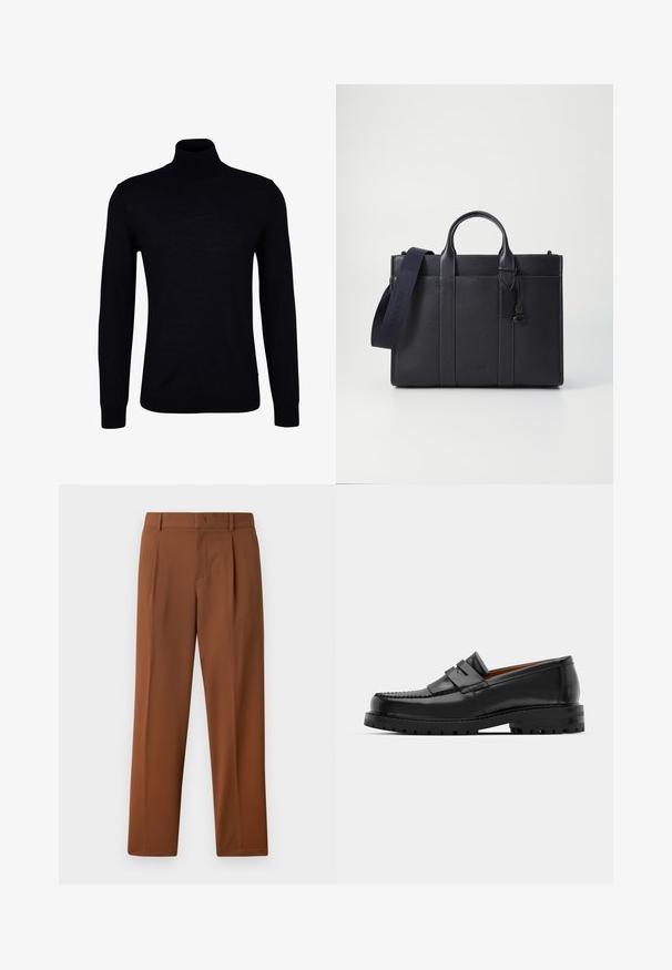 Suéter de gola alta preto em tecido de malha suave. Apresenta mangas longas, um pescoço justo e punhos e barra canelados para um encaixe confortável.; Calças castanhas com uma textura suave e mate, apresentando um frente pregueada e pernas retas. Feitas de um tecido leve e respirável.; Os mocassins de couro preto apresentam uma costura elevada, duas tiras decorativas na parte superior e uma sola grossa e texturizada para maior aderência.; Pasta de couro azul-marinho escura com alças superiores duplas e uma alça destacável. Apresenta um acabamento texturizado, costura vertical e detalhe do logotipo.