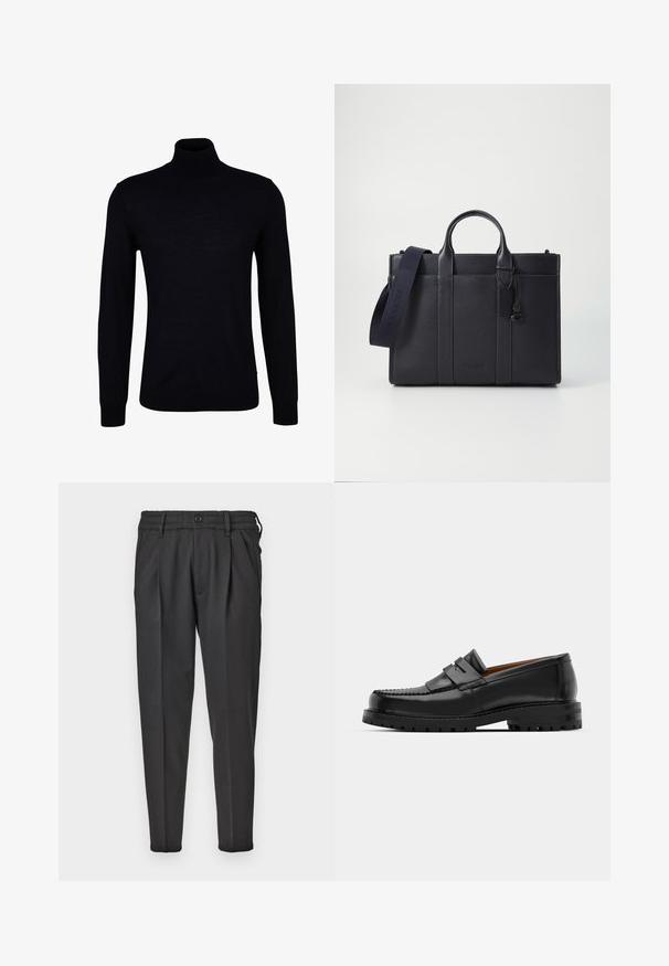 Pulover negru cu guler înalt dintr-un material tricotat neted. Dispune de mâneci lungi, un guler ajustat și manșete și tiv cu dantelă pentru o potrivire strânsă.; Pantaloni negri dintr-un material neted, cu un față plisată, talie elastică și picioare drepte cu funduri înguste.; Mocasinii din piele neagră au o cusătură ridicată, două bare decorative pe partea superioară și o talpă groasă texturată pentru o aderență suplimentară.; Servietă din piele de culoare albastru închis, cu două mânere superioare și o curea detasabilă. Prezintă un finisaj texturat, cusături verticale și detalii cu logo.