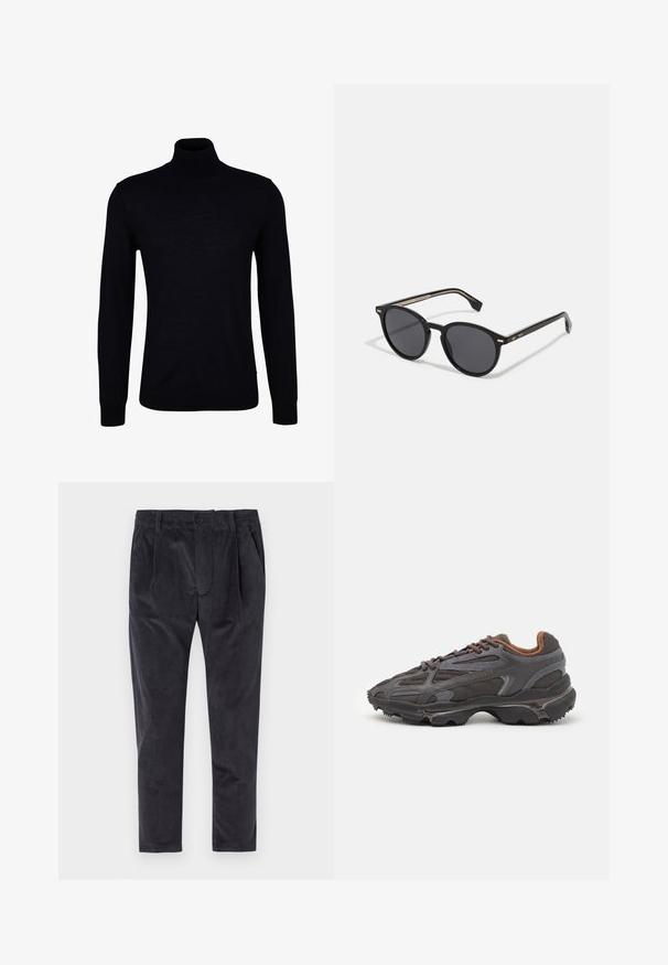 Suéter de gola alta preto em tecido de malha suave. Apresenta mangas longas, um pescoço justo e punhos e barra canelados para um encaixe confortável.; Calças de veludo cotelê cinza-escuras com um corte reto, apresentando riscas verticais subtis, pregas frontais e um fecho com um único botão.; Ténis Lacoste em cinza-escuro com material em malha e sintético, apresentando uma sola texturizada e detalhes castanhos na gola e na marca.; BOSS Óculos de sol - black