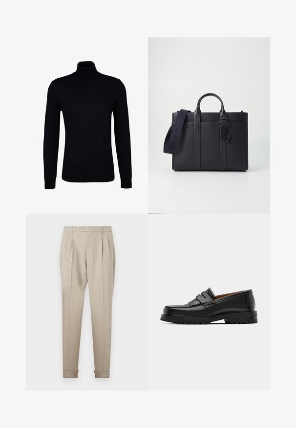 Black turtleneck sweater in a smooth knit fabric. Features long sleeves, a fitted neck, and ribbed cuffs and hem for a snug fit.; Beige pleated trousers with a smooth texture, featuring a front button closure and rolled hems. Tailored fit and straight leg design.; Black leather loafers feature a raised seam, two decorative straps on the upper, and a thick textured sole for added grip.; Dark navy leather briefcase with dual top handles and a detachable strap. Features textured finish, vertical stitching, and logo detail.