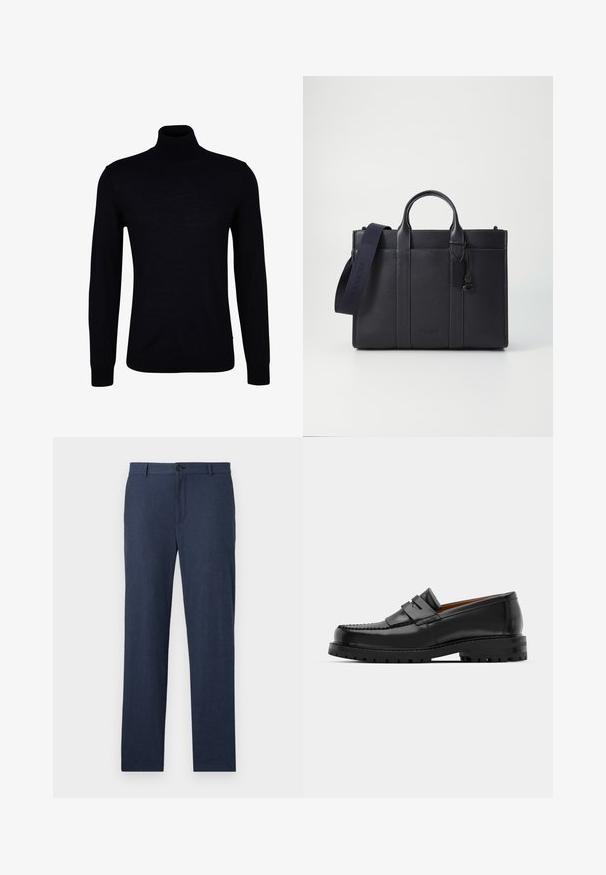 Black turtleneck sweater in a smooth knit fabric. Features long sleeves, a fitted neck, and ribbed cuffs and hem for a snug fit.; Navy blue trousers made of textured fabric with a straight-leg design, featuring a front button closure and no visible pockets.; Black leather loafers feature a raised seam, two decorative straps on the upper, and a thick textured sole for added grip.; Dark navy leather briefcase with dual top handles and a detachable strap. Features textured finish, vertical stitching, and logo detail.