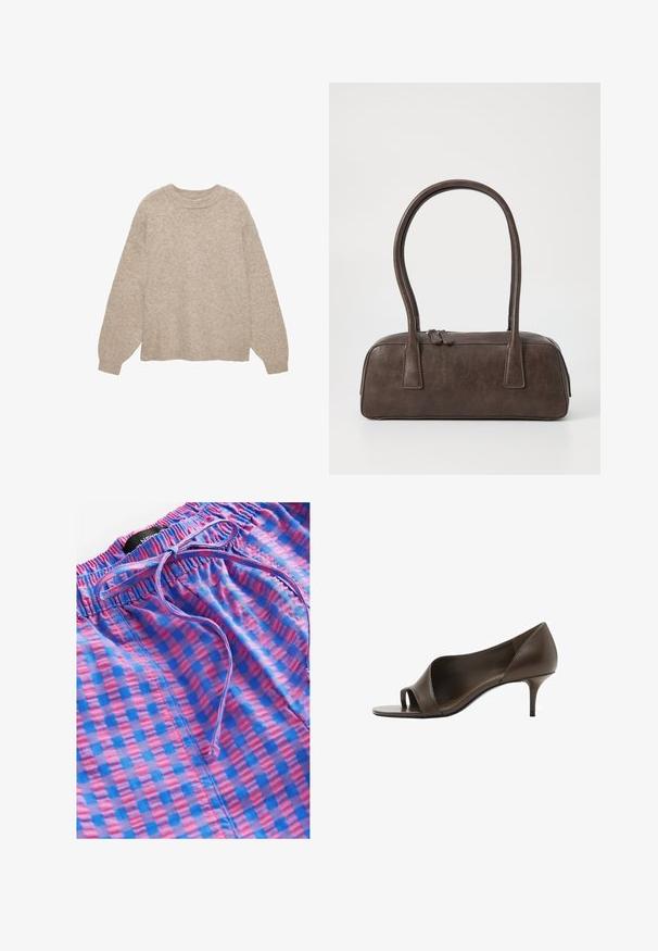 Pulover tricotat bej cu guler rotund, mâneci lungi și finisaj texturat. Prezintă manșete și tiv cu aspect côté. Fixare lejeră, design minimalist.; Next PULL ON GINGHAM - Pantaloni - blue pink; Pantofi cu toc înalt, cu vârful deschis, din piele maro, cu o textură fină și un toc subțire de tip stiletto. Prezintă un design decupat și o formă minimalistă.; Geantă de mână din piele maro, cu două mânere rezistente, formă rectangulară, textură netedă și închidere cu fermoar. Design minimalist, fără modele vizibile.