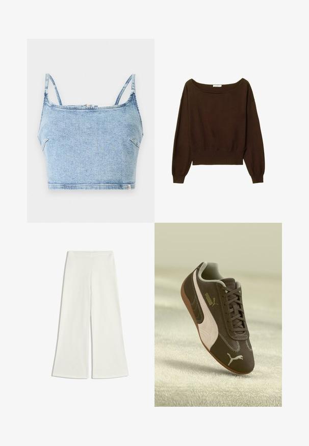 Hnědý, zkrácený svetr s širokým výstřihem a dlouhými, mírně nabíranými rukávy. Měkká textura a žebrovaný lem. Žádné viditelné zapínání.; Světle modrý džínsový cropped top s tenkými nastavitelnými ramínky, s předním zipovým zapínáním a hladkou texturou, navržený pro těsný střih.; Bílé široké kalhoty vyrobené z jemné tkaniny. Mají vysoký pas a žádné viditelné švy, což vytváří čistou siluetu.; Hnědé tenisky Puma s béžovým pruhem a logem, zavázané, odpočívající na strukturovaném béžovém povrchu.