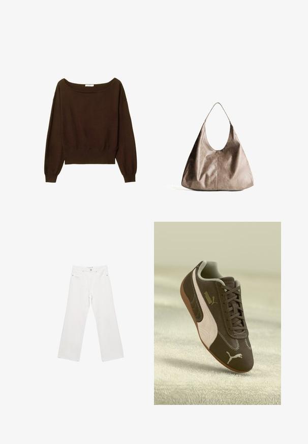 Brun, cropped sweater med bred halsudskæring og lange, let puffede ærmer. Blød tekstur og ribbet kantdetalje. Ingen synlige lukninger.; Hvid ærmeløs tanktop lavet af ribbet stof, med sorte nitter langs udskæringen og armhullerne. Enkel, tætsiddende design.; Hvide denim bred ben bukser med en klassisk fem-lomme design, metalhardware og kontraststing. Glat tekstur og afslappet pasform.; Brune Puma sneakers med beige stribe og logo, snøret, hvilende på en struktureret beige overflade.; Beige læder hobo taske med en glat tekstur. Har en stor åben top og en enkelt, bred skulderrem. Rund, slasket form.