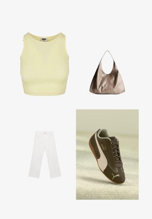 Smeđi, skraćeni pulover sa širokim izrezom i dugim, lagano napuhanim rukavima. Meka tekstura i rebrasti detalj na rubu. Nema vidljivih kopčanja.; Svijetložuti rebrasti crop top s okruglim izrezom i bez rukava. Ima oznaku s natpisom "URBAN CLASSICS" unutar ovratnika.; Bijele traperice širokih nogavica s klasičnim dizajnom s pet džepova, metalnim detaljima i kontrastnim šavovima. Glatka tekstura i opušteni kroj.; Smeđi Puma tenisice s bež prugom i logotipom, vezane, odložene na teksturiranoj bež površini.; Bež torba hobo od kože s glatkom teksturom. Ima veliki otvoreni vrh i jedan široki remen za rame. Zaobljen, opušten oblik.
