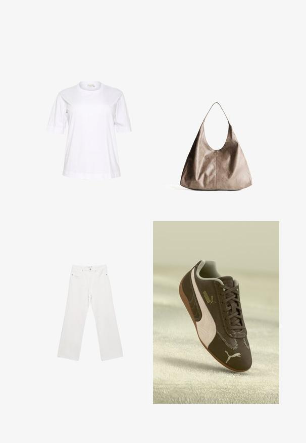 Brauner, kurz geschnittener Pullover mit weitem Ausschnitt und langen, leicht puffigen Ärmeln. Weiche Textur und gerippte Saumdetails. Keine sichtbaren Verschlüsse.; Weißes kurzärmliges Baumwoll-T-Shirt mit Rundhalsausschnitt, lässiger Passform und umgeschlagenen Ärmelabschlüssen. Glatte Textur und minimalistisches Design.; Weiße Denim-Hose mit weitem Beinschnitt, ausgestattet mit einem klassischen Fünf-Taschen-Design, Metallbeschlägen und Kontrastnähten. Glatte Textur und lockere Passform.; Braune Puma-Sneaker mit beiger Streifen und Logo, geschnürt, auf einer strukturierten beigen Oberfläche ruhend.; Beige Leder Hobo-Tasche mit glatter Textur. Verfügt über eine große, offene Oberseite und einen einzelnen, breiten Schulterriemen. Abgerundete, lässige Form.