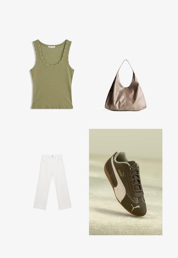 Hnědý, zkrácený svetr s širokým výstřihem a dlouhými, mírně nabíranými rukávy. Měkká textura a žebrovaný lem. Žádné viditelné zapínání.; Olivově zelený žebrovaný top bez rukávů s kulatým výstřihem, zdobený stříbrnými hroty podél hran pro detail. Vyrobeno z měkké, elastické tkaniny.; Bílé denimové kalhoty s širokými nohavicemi, které disponují klasickým designem pěti kapes, kovovými detaily a kontrastním prošíváním. Hladká textura a uvolněný střih.; Hnědé tenisky Puma s béžovým pruhem a logem, zavázané, odpočívající na strukturovaném béžovém povrchu.; Beige kožená hobo taška s hladkým povrchem. Má velký otevřený vrch a jedno široké ramenní ucho. Zaoblený, uvolněný tvar.