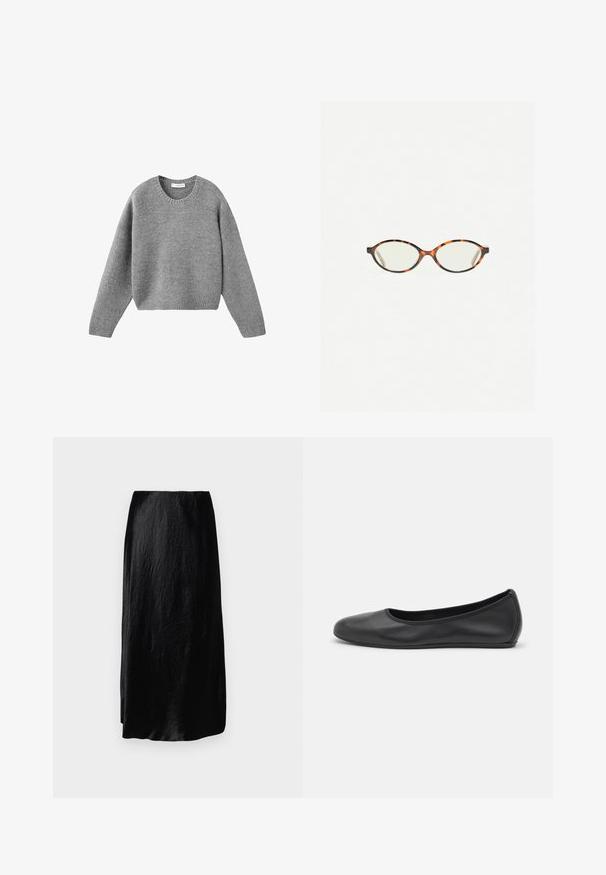 Harmaa neulecrewneck-paita, jossa on pitkät hihat sekä ribbineuleet hihoissa ja helman osalla, aseteltuna tasaisesti valkoista taustaa vasten.; Max Mara Leisure ALESSIO - A-linjainen hame - nero; Musta nahkainen ballerina, jossa on pyöristetty kärki, sileä pinta, minimaalinen ommelkoristelu ja joustava pohjamuotoilu.; Kilpikonnakuosiset silmälasit, joissa on soikeat linssit ja tyylikäs, sileä pinta. Ominaisuudet: ohuet sivut, joissa on hienovarainen kaari temppeleissä. Kirkkaat linssit.