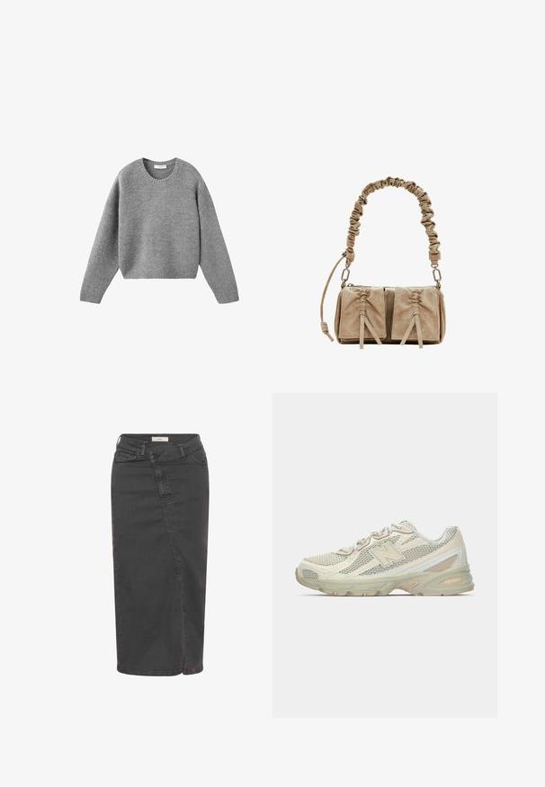 Maglione grigio a maglia con scollo rotondo, maniche lunghe e polsini e orlo a costine, posato su uno sfondo bianco.; Gonna midi in denim grigia con vita aderente, dettaglio delle cuciture anteriori e silhouette dritta. Presenta tasche standard e cuciture a contrasto.; Sneaker leggere con tomaia in rete beige e crema, caratterizzate da un logo "N" prominente, suola ammortizzata e dettagli testurizzati.; Borsa in suede beige con manico in tessuto arricciato, due tasche frontali con chiusura a cordoncino e sottili accenti di texture.