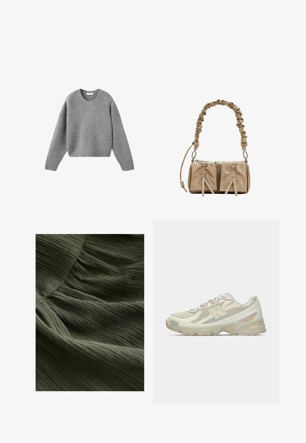 Pull en tricot gris à col rond, avec des manches longues et des poignets et un ourlet côtelés, posé à plat sur un fond blanc.; Gros plan sur un tissu plissé vert, présentant une surface douce et texturée avec de fines lignes ondulées et un aspect léger et fluide.; Baskets légères avec une tige en maille beige et crème, arborant un logo "N" bien visible, une semelle rembourrée et des accents texturés.; Sac à main en suède beige avec une anse en tissu froncé, deux poches avant avec des fermetures resserrées et des accents de texture subtils.