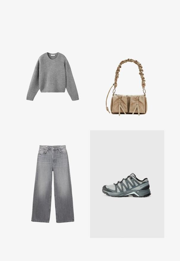 Grått stickat crewneck-tröja med långa ärmar och ribbade mudd- och nederkanter, lagt platt på en vit bakgrund.; Grå denim jeans med breda ben och hög midja, fem fickor, blekt utseende och kontrasterande sömmar. Har en knappgylf och bälteshällor.; Lätta vandringsskor i grått mesh med mörka accenter. Har en texturerad sula och en dämpad häl för komfort och grepp.; Beige suéde handväska med en rynkad tyghandtag, två framfickor med dragslussar och subtila texturdetaljer.