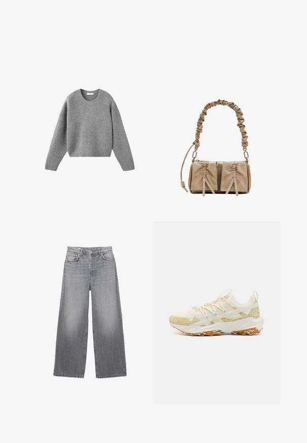 Pull en tricot gris à col rond, avec des manches longues et des poignets et un ourlet côtelés, posé à plat sur un fond blanc.; Jean en denim gris à taille haute, à jambes larges, avec cinq poches, finition délavée et coutures contrastées. Doté d'une fermeture à boutons et d'passants de ceinture.; Chaussures de sport en crème clair avec des accents verts mouchetés. Dotées d'un tissu en maille, d'une semelle en caoutchouc texturé et de lacets plats.; Sac à main en suède beige avec une anse en tissu froncé, deux poches avant avec des fermetures resserrées et des accents de texture subtils.