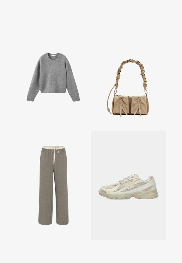Grijze gebreide crewneck trui met lange mouwen en ribgebreide manchetten en zoom, plat gelegd op een witte achtergrond.; Brede broek van lichtgrijs stof. Elastische tailleband met trekkoord. Getextureerde afwerking, geen zichtbare patronen of accenten.; Lichte sneakers met een bovenwerk van mesh in beige en crème, met een opvallend "N"-logo, een gevoerde zool en textuuraccenten.; Beige suede handtas met een gathered stofhandvat, twee voorkanten met cinched sluitingen en subtiele textuurelementen.