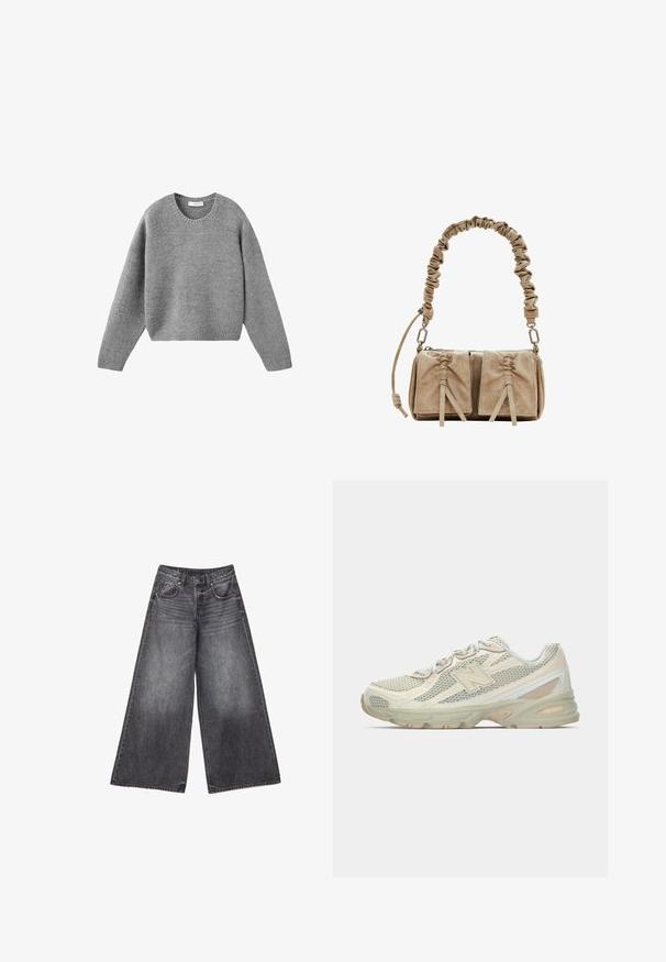 Maglione grigio a maglia con scollo rotondo, maniche lunghe e polsini e orlo a costine, posato su uno sfondo bianco.; Jeans neri sbiaditi a gamba larga con tasche frontali, rivetti in rame, passanti per cintura e un piccolo dettaglio a stella sulla tasca destra.; Sneaker leggere con tomaia in rete beige e crema, caratterizzate da un logo "N" prominente, suola ammortizzata e dettagli testurizzati.; Borsa in suede beige con manico in tessuto arricciato, due tasche frontali con chiusura a cordoncino e sottili accenti di texture.