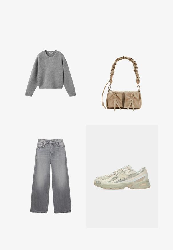 Grått stickat crewneck-tröja med långa ärmar och ribbade mudd- och nederkanter, lagt platt på en vit bakgrund.; Grå denim jeans med breda ben och hög midja, fem fickor, blekt utseende och kontrasterande sömmar. Har en knappgylf och bälteshällor.; Lätta sneakers med ett mesh-överkänna i beige och kräm, prydda med en framträdande "N"-logotyp, vadderad sula och texturerade detaljer.; Beige suéde handväska med en rynkad tyghandtag, två framfickor med dragslussar och subtila texturdetaljer.