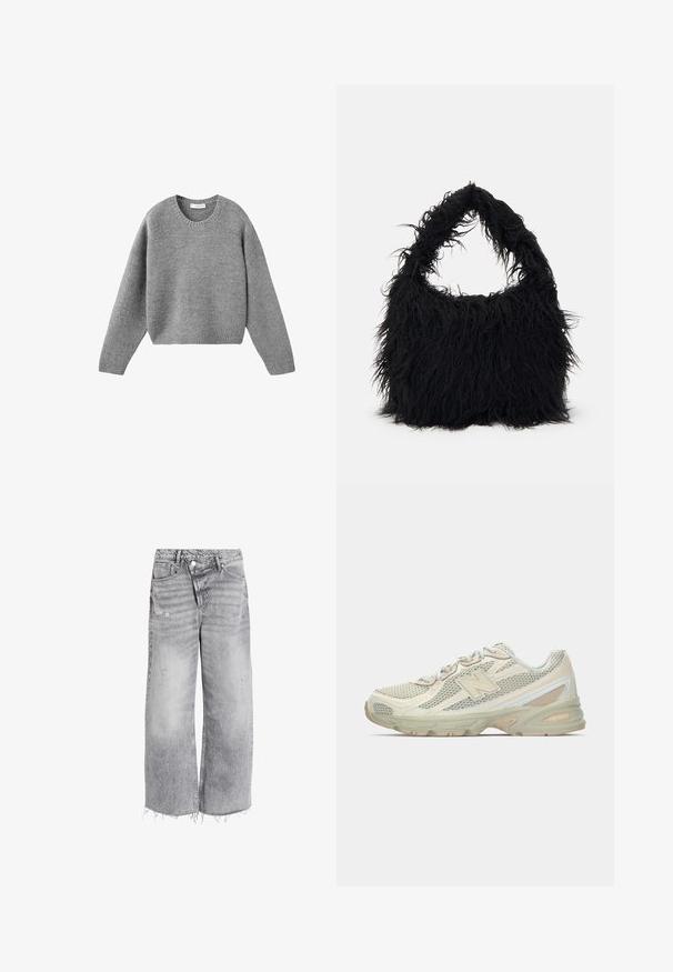 Grått stickat crewneck-tröja med långa ärmar och ribbade mudd- och nederkanter, lagt platt på en vit bakgrund.; Högmidjade vida jeans i ljusgrå denim, med slitna detaljer och rå kant. Två framfickor och knäppning.; Lätta sneakers med ett mesh-överkänna i beige och kräm, prydda med en framträdande "N"-logotyp, vadderad sula och texturerade detaljer.; Even&Odd Shoppingväska - black
