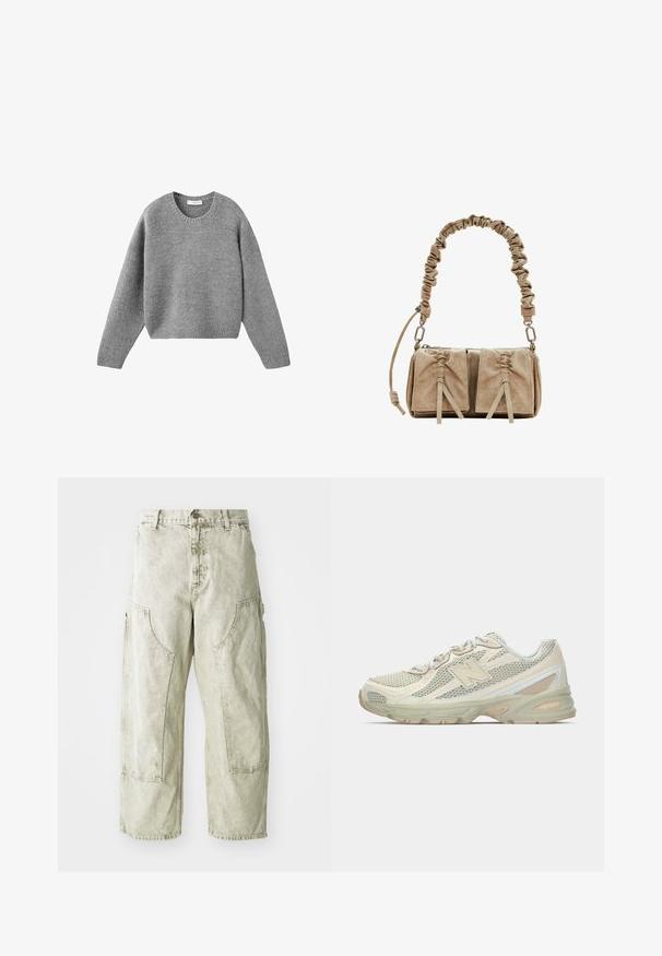 Grijze gebreide crewneck trui met lange mouwen en ribgebreide manchetten en zoom, plat gelegd op een witte achtergrond.; Lichtgroene wijd gesneden cargobroek van denim, met grote zijzakken, een knoop- en ritsluiting en zichtbare stikdetails.; Lichte sneakers met een bovenwerk van mesh in beige en crème, met een opvallend "N"-logo, een gevoerde zool en textuuraccenten.; Beige suede handtas met een gathered stofhandvat, twee voorkanten met cinched sluitingen en subtiele textuurelementen.