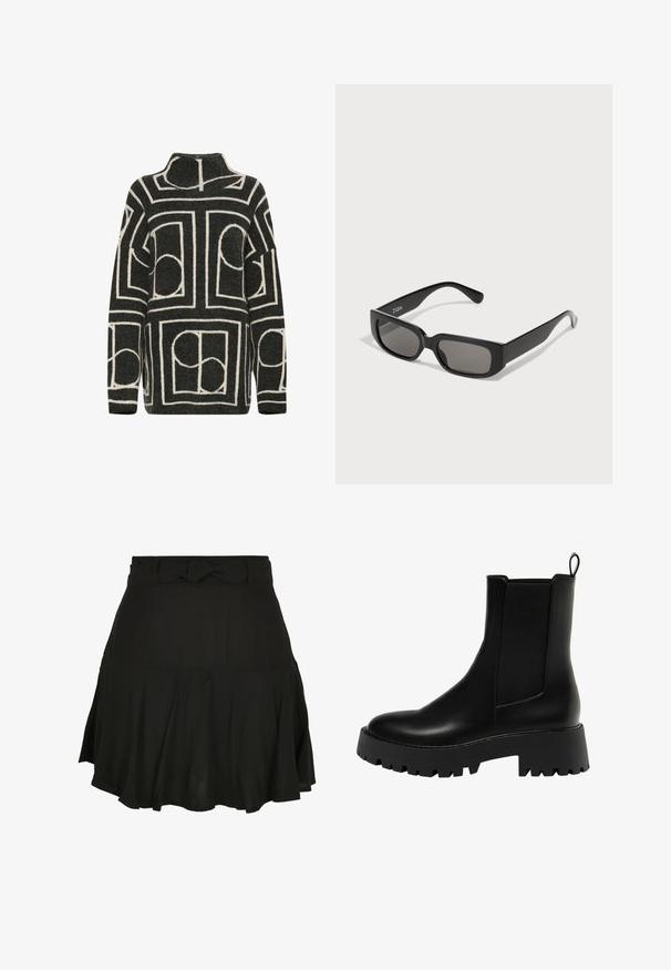 Sötét szürke kötött pulóver, oversize szabással, geometrikus krémszínű mintával, amely köröket és téglalapokat ábrázol. Magas nyakú kialakítás.; Fekete szoknya boleró szabással, csavart derék részlettel és könnyű anyaggal, amely lágy redőket képez az alján.; Fekete bőr bokacsizma texturált oldalsó panellel, lekerekített orral és vastag platformtalppal, amelyen cikkcakk mintázat található.; Fekete téglalap formájú napszemüveg, szürke árnyalatú lencsékkel, sima műanyagból készült. Minimalista kialakítással rendelkezik, egyenes karokkal és diszkrét márkajelzéssel.; Fekete bőr hobo táska laza fazonban, széles vállpánttal és sima felülettel. Oldalán egy zipzáras záródással rendelkezik.
