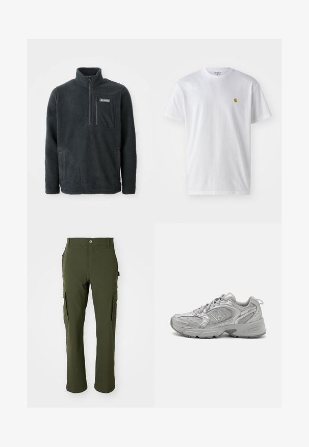 Ciemnoszary polarowy pulower z wysokim kołnierzem, półzamkiem z przodu, zamykaną na zamek kieszenią na piersi oraz kieszeniami na ręce po bokach, produkcji Columbia.; Biała bawełniana koszulka z krótkim rękawem, okrągłym dekoltem, z małym złotym logo na lewej części klatki piersiowej. Miękka textura i regularny krój.; Obcisłe zielone spodnie cargo wykonane z lekkiego materiału. Posiadają proste nogawki, liczne boczne kieszenie oraz zapięcie na guzik w talii.; Srebrny but sportowy o eleganckim designie, panelach z siateczki, wyściełanym języku, teksturowanej syntetycznej cholewce oraz gumowej podeszwie dla lepszej przyczepności.