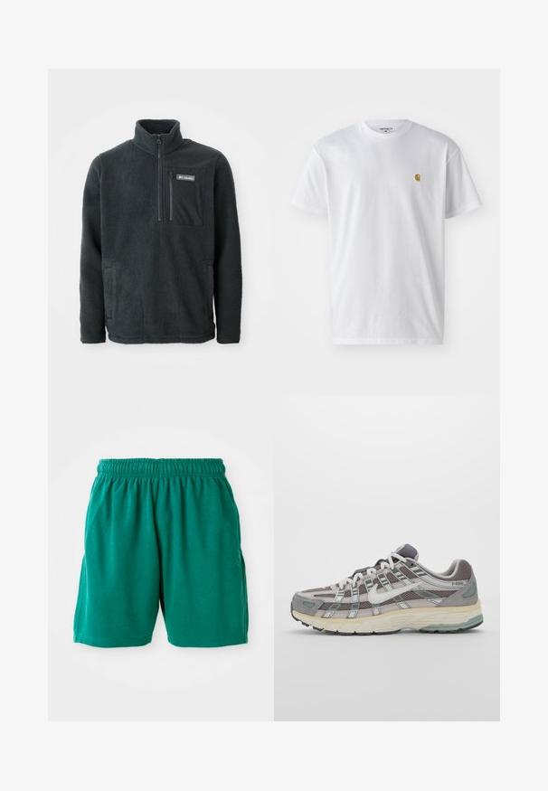 Tmavošedý flísový pulóver s vysokým golierom, polovičným zipsom na prednej strane, zipsovou náprsní taškou a bočnými vreckami na ruky, vyrobený spoločnosťou Columbia.; Biele bavlnené tričko s krátkymi rukávmi, okrúhlym výstrihom, s malým zlatým logom na ľavej strane hrude. Mäkká textúra a normálny strih.; Zelené bavlnené šortky s elastickým pásom, bočnými vreckami a prešitým lemom. Hladká textúra s uvoľneným, neformálnym strihom.; Šedá športová obuv so zvrškom z nylonu a semišu, bielymi akcentmi, polstrovanou podrážkou a jedinečným dizajnom s reflexnými prvkami.