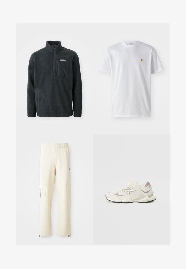 Dark gray fleece pullover with high collar, half zipper front, zippered chest pocket, and side hand pockets, made by Columbia.; White cotton t-shirt with short sleeves, crew neck, featuring a small gold logo on the left chest area. Soft texture and regular fit.; Light beige sweatpants made from soft fabric. Features a black logo, side pockets with zippers, and a relaxed fit.; White and light grey athletic sneaker featuring a mesh and synthetic upper, padded collar, textured accents, and a thick rubber sole.