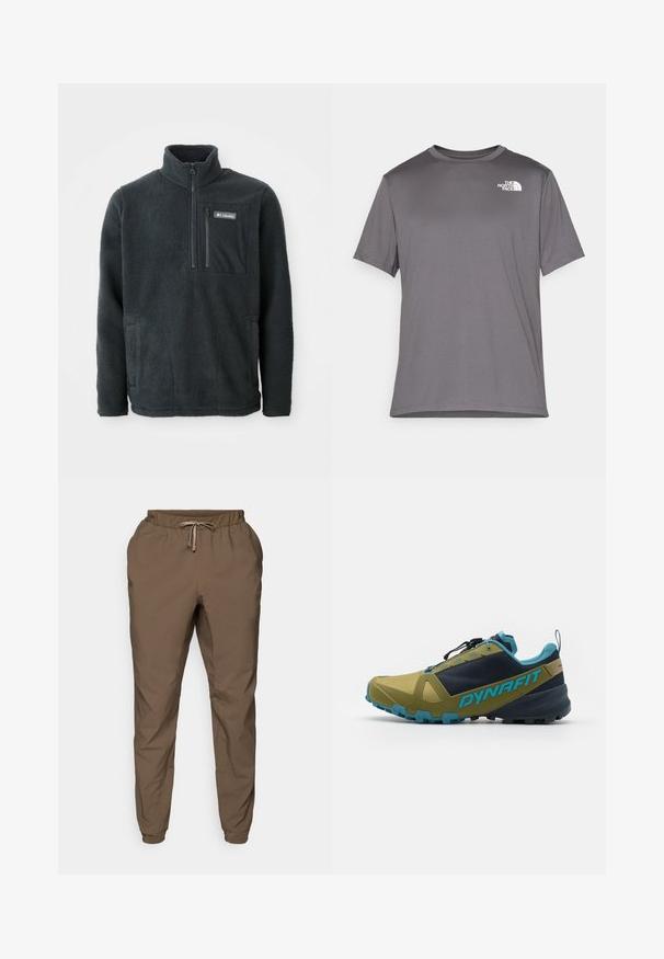 Ciemnoszary polarowy pulower z wysokim kołnierzem, półzamkiem z przodu, zamykaną na zamek kieszenią na piersi oraz kieszeniami na ręce po bokach, produkcji Columbia.; Szara, krótkim rękawem koszulka sportowa z gładkiego, lekkiego materiału. Posiada biały logo po lewej stronie klatki piersiowej. Okrągły dekolt.; Brązowe joggery z elastycznym paskiem w talii i sznurkiem do regulacji, z tapered nogawkami i subtelnym połyskiem, wykonane z lekkiego, gładkiego materiału.; Obuwie do biegania w terenie w oliwkowym zielonym i granatowym kolorze, z teksturowaną cholewką, niebieskimi akcentami, pewnym systemem sznurowania oraz wytrzymałą podeszwą dla lepszej przyczepności.